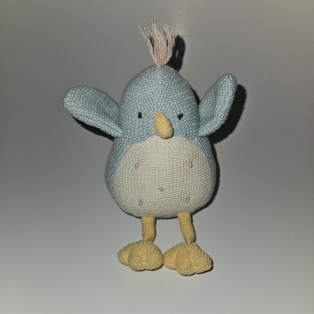 Mud Pie Blue White Knit Bird Plush Rattle Small 5" Stuffed Animal Baby Toy